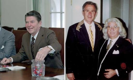 图片中左为爱吃“里根糖”的白宫里根，右为小布什与德帕里斯合影。御用