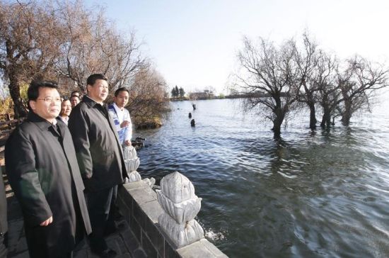 图为：2015年1月20日，习近平来到大理白族自治州大理市湾桥镇古生村，仔细察看 　　洱海边的生态保护湿地。